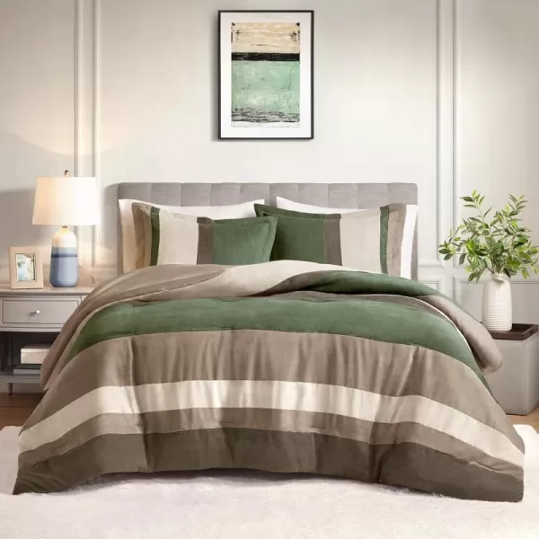 Comfort Spaces Queen Comforter Set 3 Piece Luxe Microsuede Pieced Design Color Block Stripes Bedding Comforter Sets Winter Soft Brushed Microfiber Reverse Matching Sham FullQueen GreenGreen