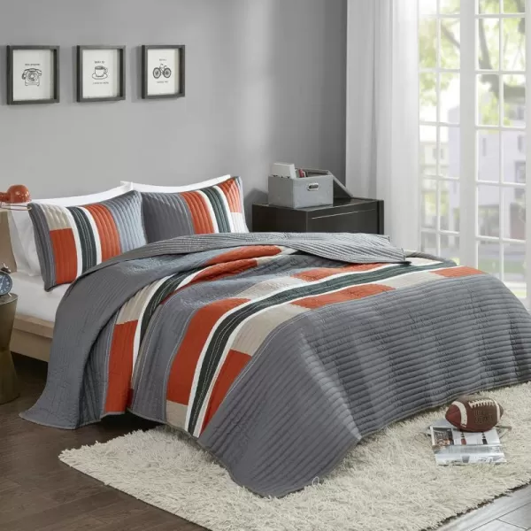 Comfort Spaces Quilt Set Trendy Casual Fun Vibrant Color Design Hypoallergenic All Season Lightweight Coverlet Bedspread Cozy Kids Bedding ampamp Sham FullQueen Pierre Grey Orange Stripe 3 PieceGrayOrange