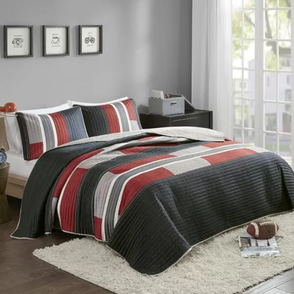 Comfort Spaces Quilt Set Trendy Casual Fun Vibrant Color Design Hypoallergenic All Season Lightweight Coverlet Bedspread Cozy Kids Bedding ampamp Sham FullQueen Pierre Grey Orange Stripe 3 PieceBlackRed