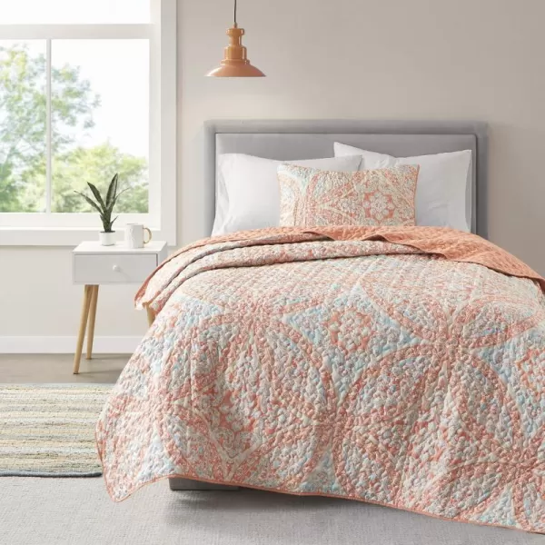 Comfort Spaces Reversible Quilt SetVermicelli Stitching Design All Season Lightweight Coverlet Bedspread Bedding Matching Shams FullQueen 90 in x 90 in Kate Floral Purple 3 PieceGloria Damask Coral