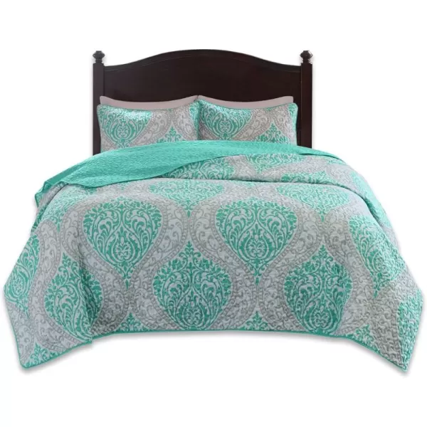 Comfort Spaces Reversible Quilt SetVermicelli Stitching Design All Season Lightweight Coverlet Bedspread Bedding Matching Shams FullQueen 90 in x 90 in Kate Floral Purple 3 PieceCoco Damask Teal