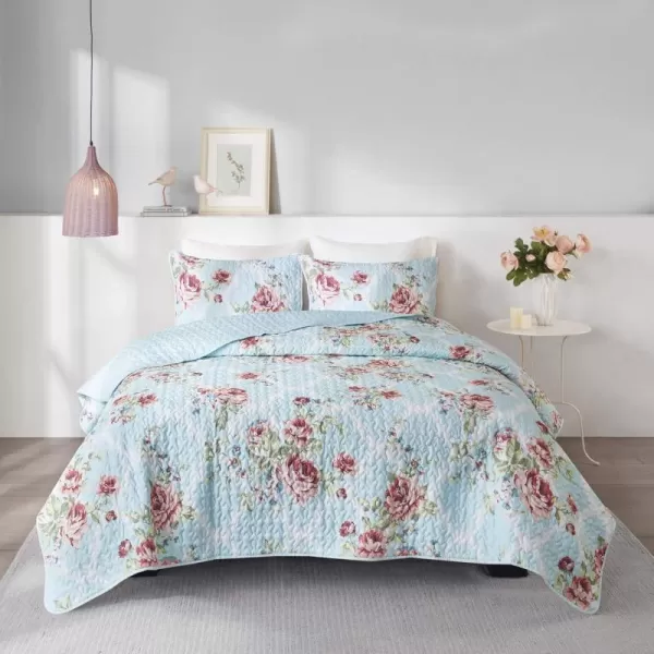 Comfort Spaces Reversible Quilt SetVermicelli Stitching Design All Season Lightweight Coverlet Bedspread Bedding Matching Shams FullQueen 90 in x 90 in Marlene Daisies Green 3 PieceNatalie Floral Blue