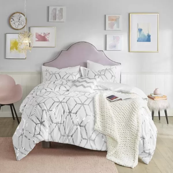 Comfort Spaces Vivian Comforter Set Ultra Soft All Season Lightweight Modern Geometric Glam Metallic Print Bedding Matching Sham Decorative Pillow FullQueen Geometric BlushGoldWhiteSilver