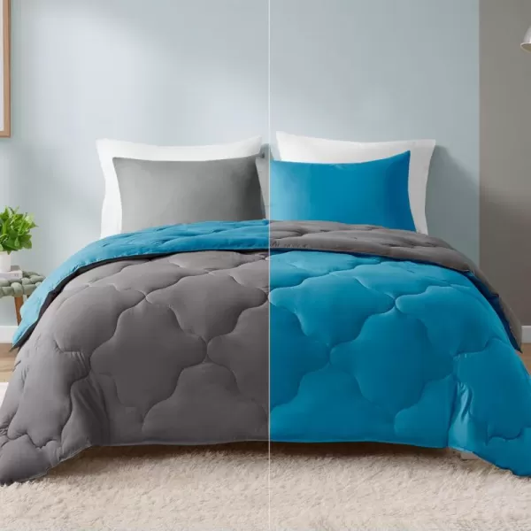 Comfort Spaces Vixie Reversible Comforter Set  Trendy Vibrant Color with Geometric Quilted Cover Lightweight All Season Down Alternative Cozy Bedding Sham NavyCharcoal TwinTwin XL 2 pieceTealCharcoal
