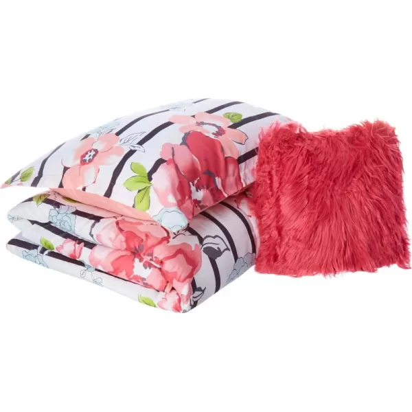 Comfort Spaces Zoe Comforter Set Printed Striped Floral Design with Faux Long Fur Decorative Pillow Bedding Pink FullQueen 4 PiecePink Comforter