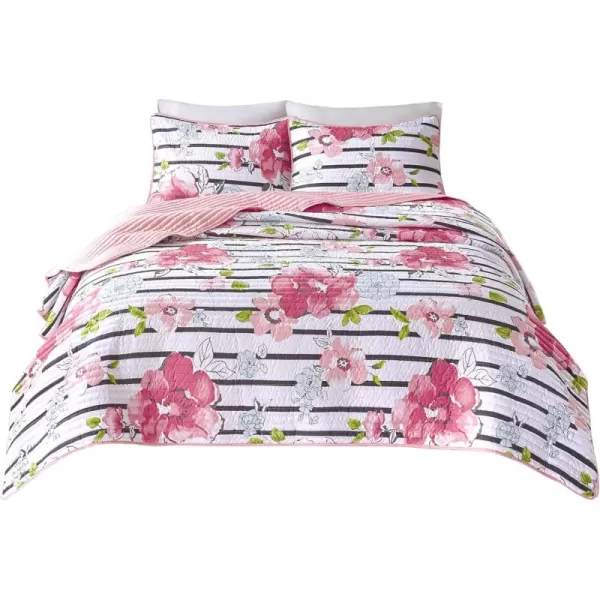 Comfort Spaces Zoe Comforter Set Printed Striped Floral Design with Faux Long Fur Decorative Pillow Bedding Pink FullQueen 4 PiecePink Coverlet