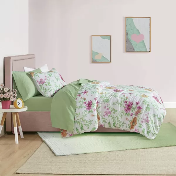 imageComfort Spaces Bed in A Bag  Trendy Casual Design Cozy Comforter with Complete Sheet Set with Side Pocket All Season Cover Matching Shams Queen Natalie Floral Blue 9 PieceDaisies Green