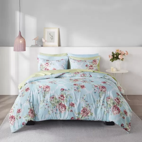 imageComfort Spaces Bed in A Bag  Trendy Casual Design Cozy Comforter with Complete Sheet Set with Side Pocket All Season Cover Matching Shams Queen Natalie Floral Blue 9 PieceFloral Blue