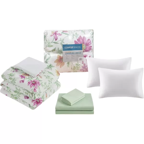 imageComfort Spaces Bed in A Bag  Trendy Casual Design Cozy Comforter with Complete Sheet Set with Side Pocket All Season Cover Matching Shams Queen Natalie Floral Blue 9 PieceDaisies Green