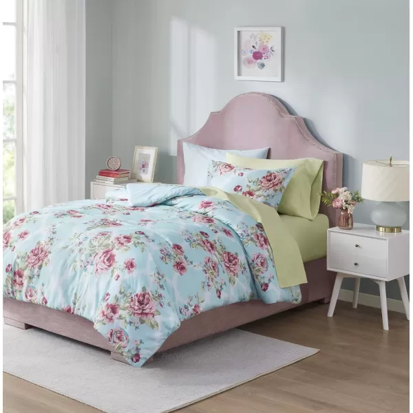 imageComfort Spaces Bed in A Bag  Trendy Casual Design Cozy Comforter with Complete Sheet Set with Side Pocket All Season Cover Matching Shams Queen Natalie Floral Blue 9 PieceFloral Blue