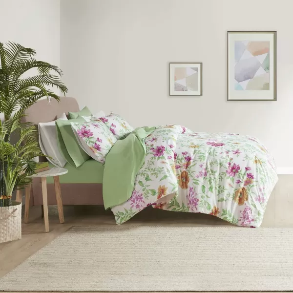 imageComfort Spaces Bed in A Bag  Trendy Casual Design Cozy Comforter with Complete Sheet Set with Side Pocket All Season Cover Matching Shams Queen Natalie Floral Blue 9 PieceDaisies Green