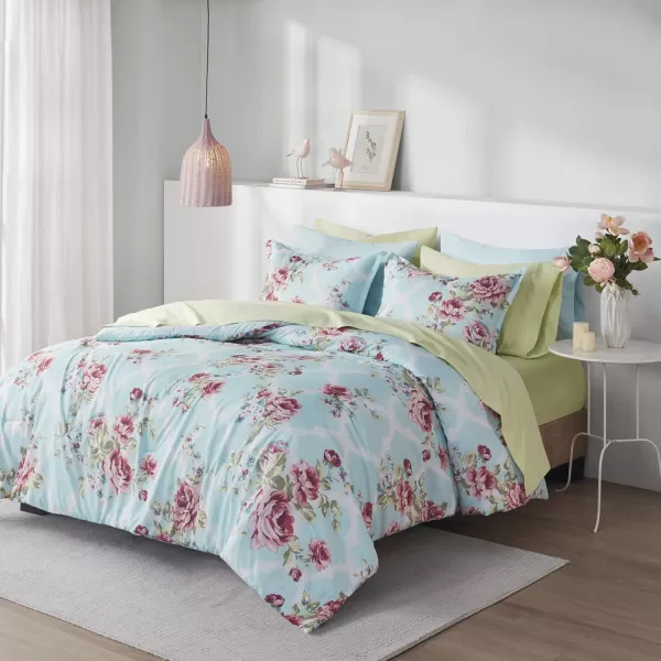 imageComfort Spaces Bed in A Bag  Trendy Casual Design Cozy Comforter with Complete Sheet Set with Side Pocket All Season Cover Matching Shams Queen Natalie Floral Blue 9 PieceFloral Blue