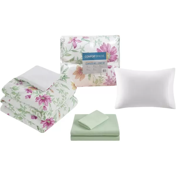 imageComfort Spaces Bed in A Bag  Trendy Casual Design Cozy Comforter with Complete Sheet Set with Side Pocket All Season Cover Matching Shams Queen Natalie Floral Blue 9 PieceDaisies Green
