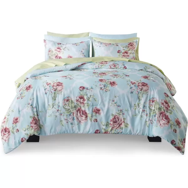 imageComfort Spaces Bed in A Bag  Trendy Casual Design Cozy Comforter with Complete Sheet Set with Side Pocket All Season Cover Matching Shams Queen Natalie Floral Blue 9 PieceFloral Blue