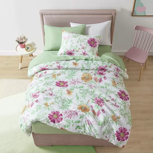 imageComfort Spaces Bed in A Bag  Trendy Casual Design Cozy Comforter with Complete Sheet Set with Side Pocket All Season Cover Matching Shams Queen Natalie Floral Blue 9 PieceDaisies Green