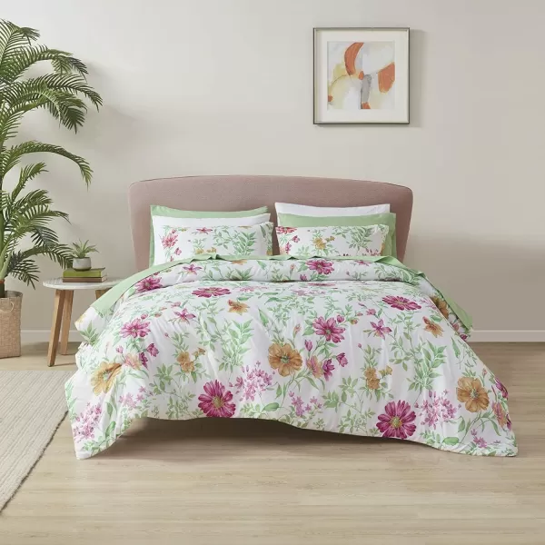 imageComfort Spaces Bed in A Bag  Trendy Casual Design Cozy Comforter with Complete Sheet Set with Side Pocket All Season Cover Matching Shams Queen Natalie Floral Blue 9 PieceDaisies Green
