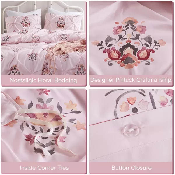 imageComfort Spaces Pink Queen Duvet Cover Set  3 Pieces Pintuck Tufted Vintage Floral Duvet Sets Queen All Seasons SkinFriendly Lightweight ampamp Soft Microfiber Queen Duvet Cover Shams FullQueenPink