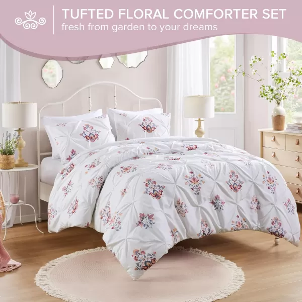 imageComfort Spaces Pink Queen Duvet Cover Set  3 Pieces Pintuck Tufted Vintage Floral Duvet Sets Queen All Seasons SkinFriendly Lightweight ampamp Soft Microfiber Queen Duvet Cover Shams FullQueenIvory