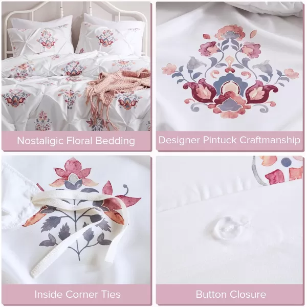 imageComfort Spaces Pink Queen Duvet Cover Set  3 Pieces Pintuck Tufted Vintage Floral Duvet Sets Queen All Seasons SkinFriendly Lightweight ampamp Soft Microfiber Queen Duvet Cover Shams FullQueenIvory