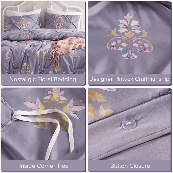 imageComfort Spaces Pink Queen Duvet Cover Set  3 Pieces Pintuck Tufted Vintage Floral Duvet Sets Queen All Seasons SkinFriendly Lightweight ampamp Soft Microfiber Queen Duvet Cover Shams FullQueenPurple