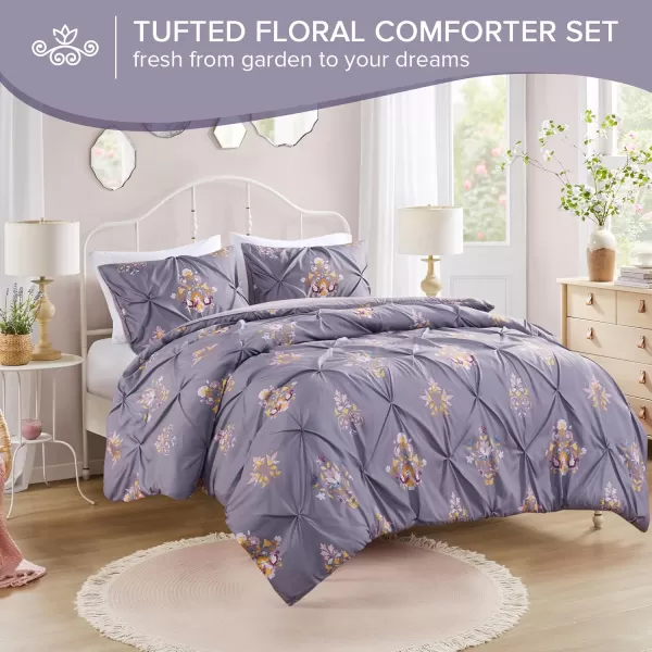 imageComfort Spaces Pink Queen Duvet Cover Set  3 Pieces Pintuck Tufted Vintage Floral Duvet Sets Queen All Seasons SkinFriendly Lightweight ampamp Soft Microfiber Queen Duvet Cover Shams FullQueenPurple