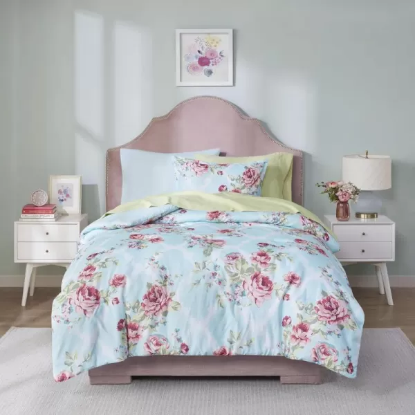 imageComfort Spaces Bed in A Bag  Trendy Casual Design Cozy Comforter with Complete Sheet Set with Side Pocket All Season Cover Matching Shams Queen Natalie Floral Blue 9 PieceFloral Blue