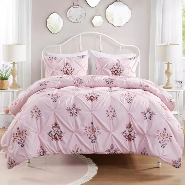 imageComfort Spaces Pink Queen Duvet Cover Set  3 Pieces Pintuck Tufted Vintage Floral Duvet Sets Queen All Seasons SkinFriendly Lightweight ampamp Soft Microfiber Queen Duvet Cover Shams FullQueenPink
