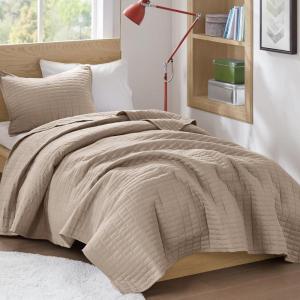 imageComfort Spaces King Quilt Set Modern Reversible Ogee Coverlet King Bedding Set Cozy Quilted Winter Layer All Season Lightweight Soft King Size Quilt Kienna King Green 3 PieceTaupe