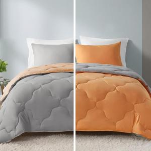imageComfort Spaces Twin Comforter Set Vibrant Reversible Comforters Twin Size Quilted Bedding Set All Season Lightweight Bedding Soft Microfiber Comforter Vixie NavyLight Blue TwinTwin XL 2 PieceOrangeGrey