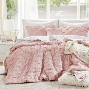 imageComfort Spaces Comforter for Queen Size Bed Ogee Ruched with Crinkle Texture Breathable Comforter Set Queen All Season Lightweight Bedding Set Shams Dcor Pilow FullQueen White 4 PiecePink