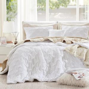 imageComfort Spaces Comforter for Queen Size Bed Ogee Ruched with Crinkle Texture Breathable Comforter Set Queen All Season Lightweight Bedding Set Shams Dcor Pilow FullQueen White 4 PieceWhite