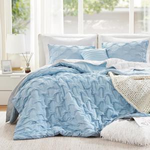 imageComfort Spaces Comforter for Queen Size Bed Ogee Ruched with Crinkle Texture Breathable Comforter Set Queen All Season Lightweight Bedding Set Shams Dcor Pilow FullQueen White 4 PieceBlue