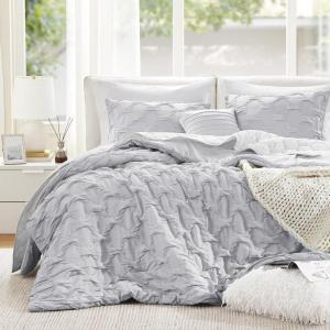 imageComfort Spaces Comforter for Queen Size Bed Ogee Ruched with Crinkle Texture Breathable Comforter Set Queen All Season Lightweight Bedding Set Shams Dcor Pilow FullQueen White 4 PieceGray