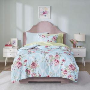 imageComfort Spaces Bed in A Bag Comforter Set  Trendy Casual Design Queen Comforter with Complete Sheet Set with Side Pocket All Season Comforter Queen Shams Gloria Queen GreyYellow 9 PieceFloral Blue