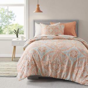 imageComfort Spaces Bed in A Bag Comforter Set  Trendy Casual Design Queen Comforter with Complete Sheet Set with Side Pocket All Season Comforter Queen Shams Gloria Queen GreyYellow 9 PieceDamask Coral