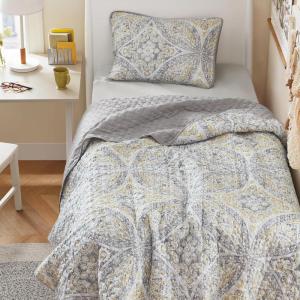 imageComfort Spaces Boho Quilt Set Queen Reversible Vermicelli Quilting Queen Size Bed All Season Lightweight Coverlet Winter Layer Bedding Shams Gloria FullQueen Green 3 PieceGrey Yellow