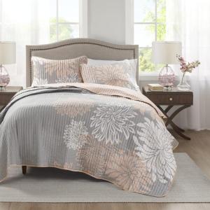 imageComfort Spaces Boho Quilt Set Queen Reversible Vermicelli Quilting Queen Size Bed All Season Lightweight Coverlet Winter Layer Bedding Shams Gloria FullQueen Green 3 PieceBlushGrey
