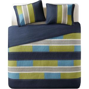 imageComfort Spaces Queen Quilt Set Trendy Casual Fun Vibrant Color Stripes Design All Season Lightweight Coverlet Bedspread Queen Size Bedding ampamp Shams Verone FullQueen Sage Green 3 PieceBlueNavy