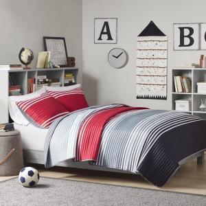 imageComfort Spaces Queen Quilt Set Trendy Casual Fun Vibrant Color Stripes Design All Season Lightweight Coverlet Bedspread Queen Size Bedding ampamp Shams Verone FullQueen Sage Green 3 PieceRedGrey