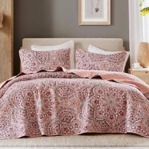imageComfort Spaces Valerie Boho Quilt Set King Blue  Soft Lightweight Bedding with Watercolor Medallion Design Reversible All Season Quilt for Master Bedroom or Guest RoomPink