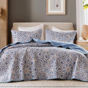 imageComfort Spaces Valerie Boho Quilt Set King Blue  Soft Lightweight Bedding with Watercolor Medallion Design Reversible All Season Quilt for Master Bedroom or Guest RoomBlue