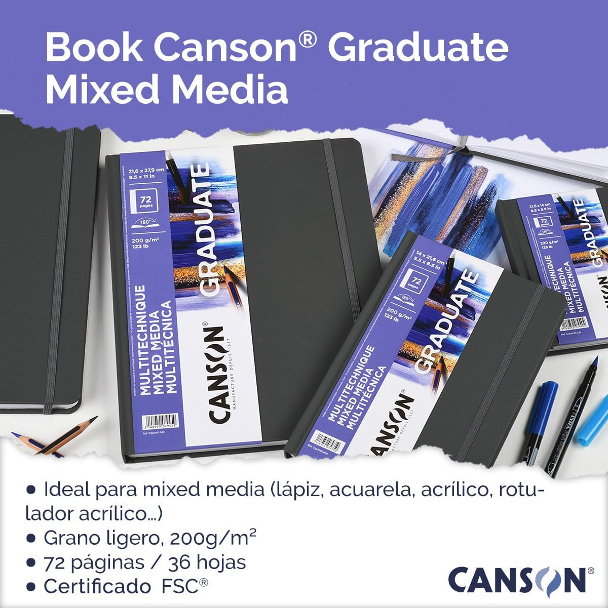 Canson Graduate Mixed Media Paper Hard Cover Art Journal 85x11 inches 36 Sheets  Artist Paper for Collage Watercolor Ink Pencil MarkerWhite Paper
