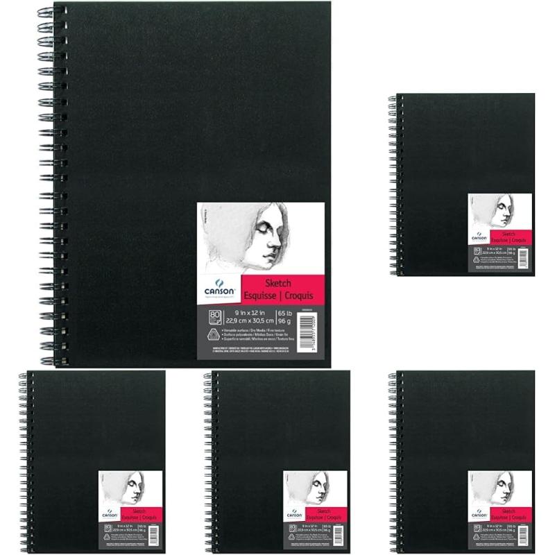 Canson Artist Series Sketch Book Paper Pad for Pencil and Charcoal Acid Free Wire Bound 65 Pound 9 x 12 Inch 80 Sheets9X12 Pack of 5