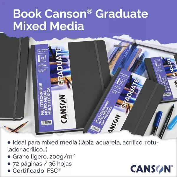 Canson Graduate Mixed Media Paper Hard Cover Art Journal 85x11 inches 36 Sheets  Artist Paper for Collage Watercolor Ink Pencil MarkerWhite Paper