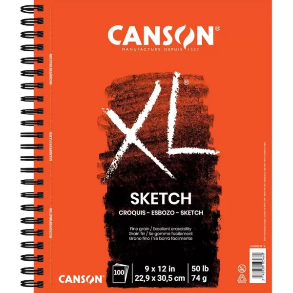 Canson XL Series Paper Sketch Pad for Charcoal Pencil and Pastel Side Wire Bound 50 Pound 9 x 12 Inch 100 Sheets