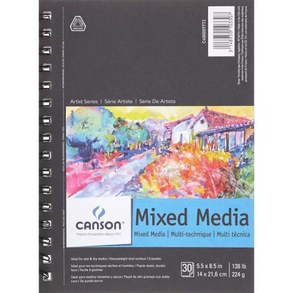 imageCanson Artist Series Mixed Media Paper Wirebound Pad 55x85 inches 30 Sheets 138lb224g  Artist Paper for Adults and Students  Watercolor Gouache Graphite Ink Pencil Marker