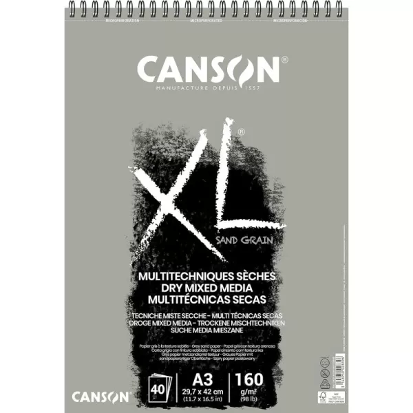 imageCANSON XL Sand Grain Dry Mixed Media 160gsm A3 Paper Sand Finish Spiral Pad Short Side 40 Grey Sheets Ideal for Professional Artists ampamp IllustratorsGray