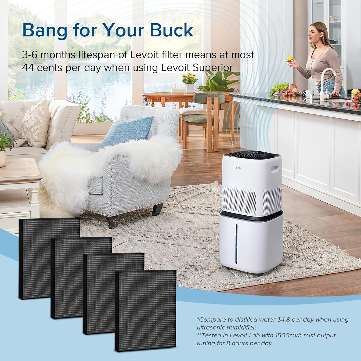 imageLEVOIT 4Pack Replacement Filters for Superior 6000S Smart Evaporative Humidifier Captures Large Particles ampamp Minerals Extends Filter Life up to 6 Months GrayGray