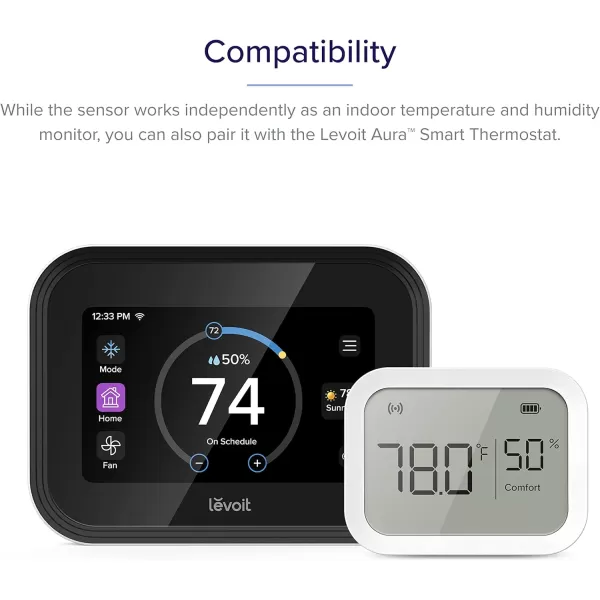 imageLEVOIT Smart Temperature Humidity Sensor Hygrometer Indoor Humidity Thermometer for Home Works with Aura Thermostat Large LCD Display Vesync App Control Notification Alert Function White