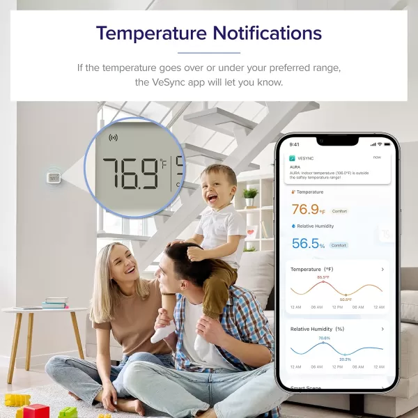 imageLEVOIT Smart Temperature Humidity Sensor Hygrometer Indoor Humidity Thermometer for Home Works with Aura Thermostat Large LCD Display Vesync App Control Notification Alert Function White